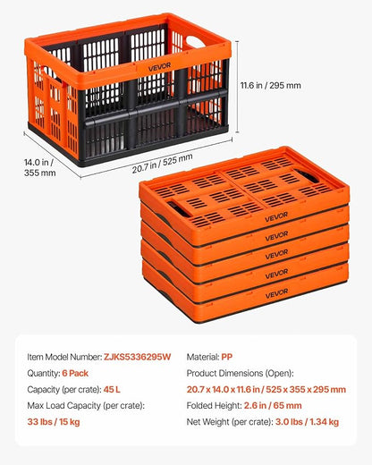 VEVOR Plastic Collapsible Storage Bins, 45L 6 Packs, Stackable Folding Storage - Image 7