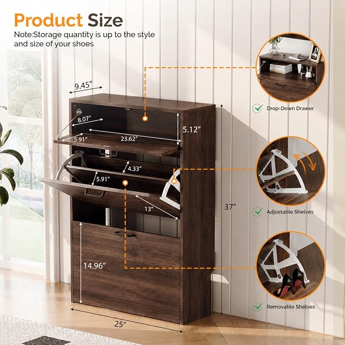 VINGLI Set of 2 Walnut Shoe Cabinet - Image 2