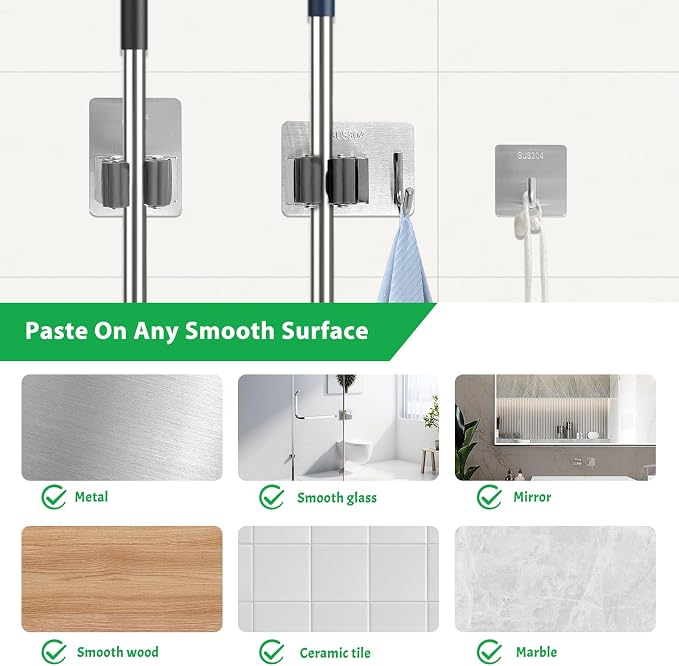 Daily Treasures 6 Pcs Stainless Steel Broom Holder Wall Mount Self Adhesive - Image 3