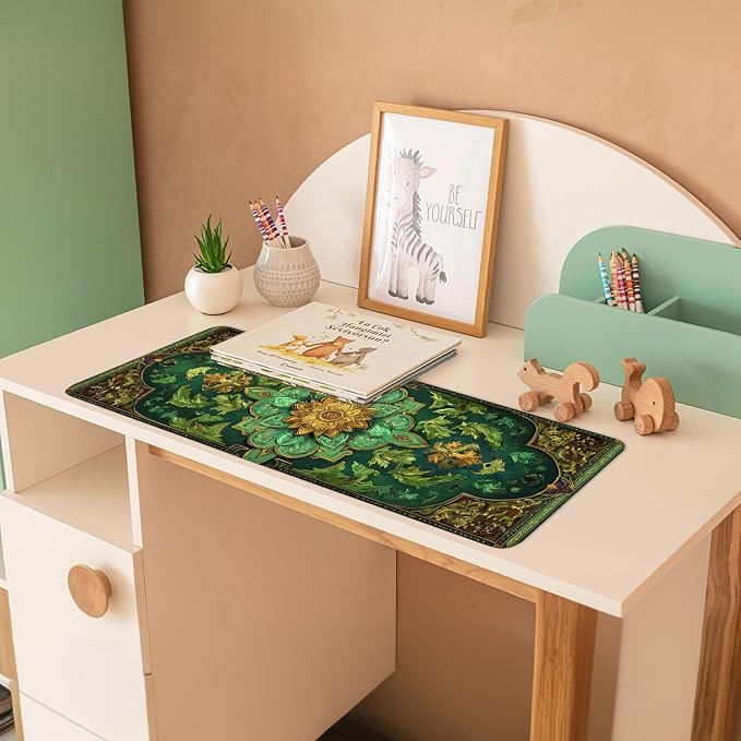 Green Vintage Floral Mouse Pad – Large Extended Desk Mat 31.5 x 11.8 in– Ornate - Image 3