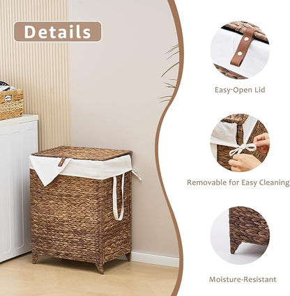 Laundry Hamper with Lid and Removable Liner Bag, Handwoven Natural Hyacinth - Image 2