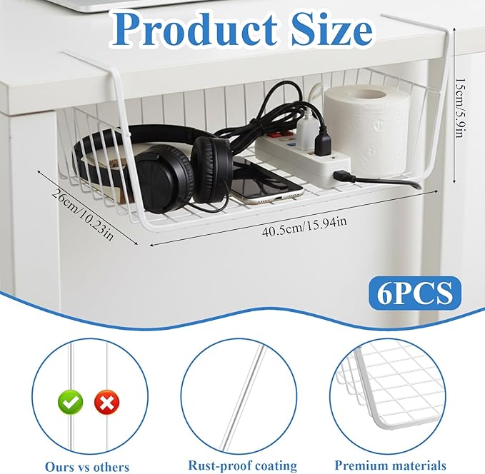 6 Pack Under Shelf Basket, Slide in Wire Hanging Storage Baskets, Slides Under - Image 2