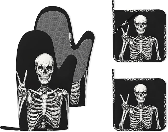 Funny Skull Heat-Resistant Silicone Oven Mitts and Pot Holders 4 Piece Set by Unknown