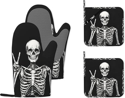 Funny Skull Heat-Resistant Silicone Oven Mitts and Pot Holders 4 Piece Set by Unknown