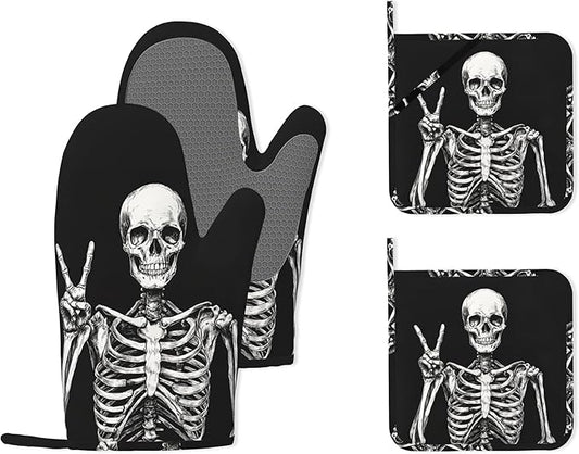 Funny Skull Heat-Resistant Silicone Oven Mitts and Pot Holders 4 Piece Set by Unknown