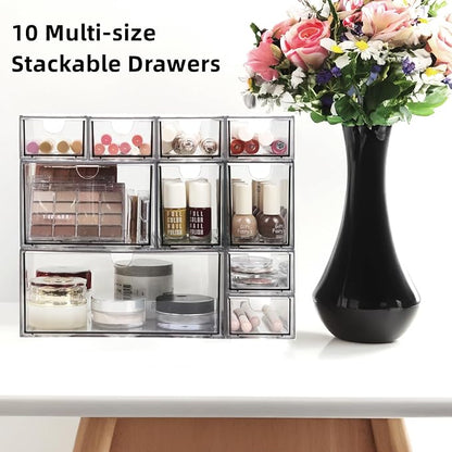 Acrylic Makeup Organizer, 10 Drawers Clear Storage Organizer Desktop Stackable - Image 4
