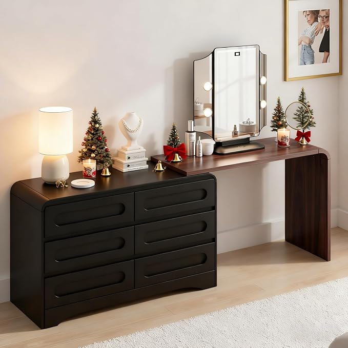 6 Drawer Dresser with Extendable Table, L-Shaped Desk Vanity Combo, Modern by SOLACEFURNITURE