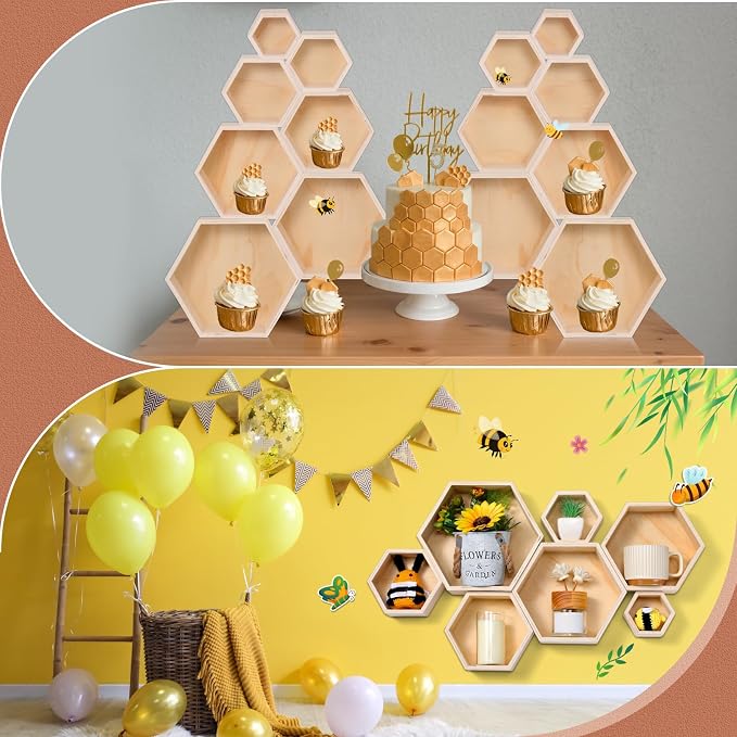 DoubleFill Honeycomb Shelves for Wall Set of 7 Wooden Hexagon Floating Shelves - Image 3