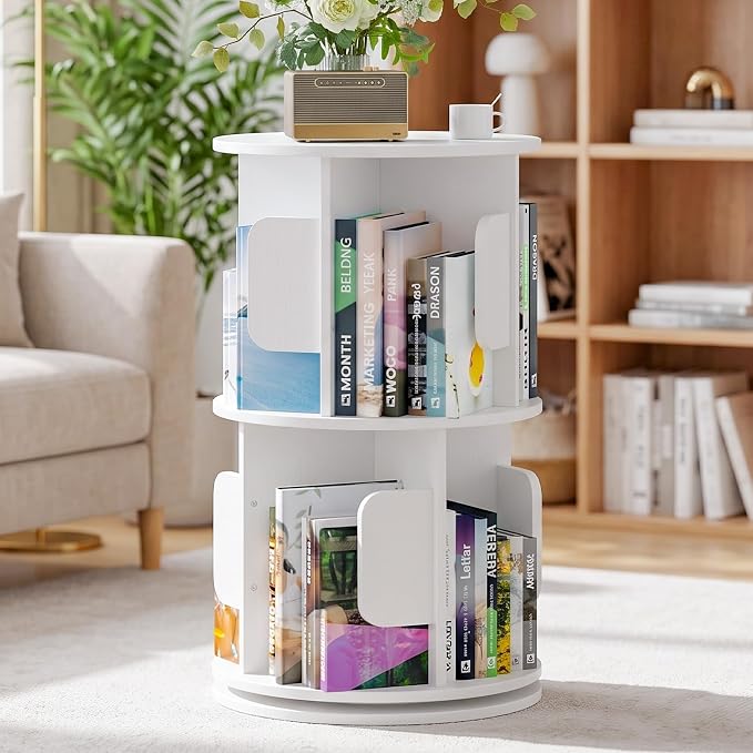 2-Tier 360° Rotating Bookshelf, Round Floor Standing Bookcase by Unknown
