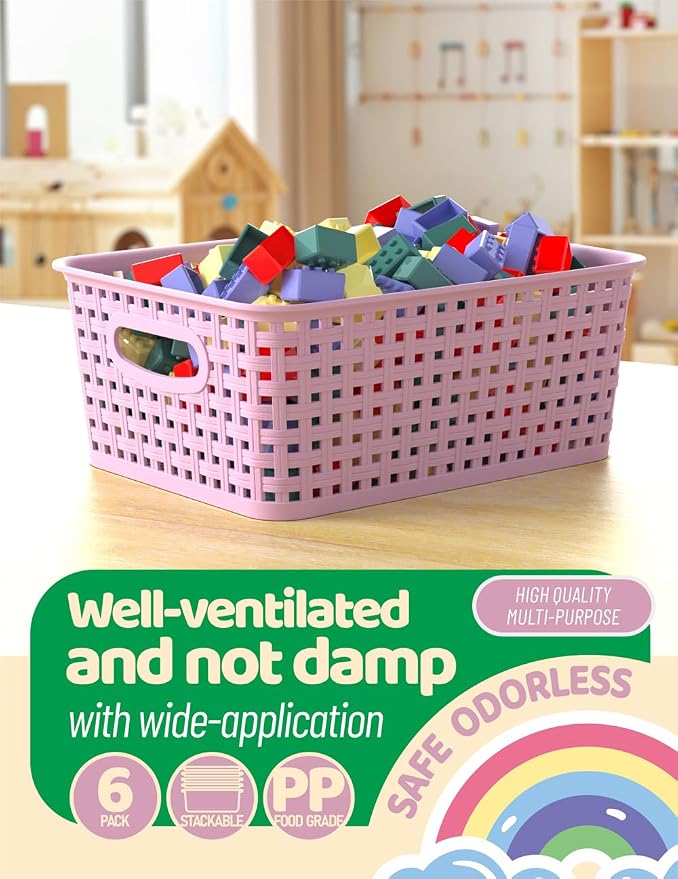 WYT 6-Pack Plastic Small Shelf Storage Weave Baskets Organizing - Image 4