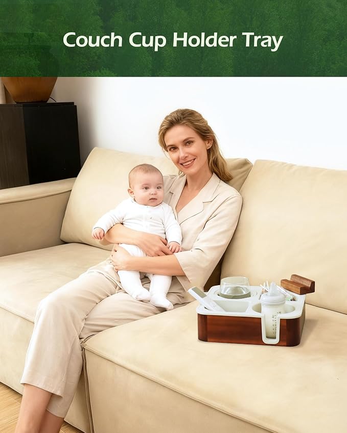 Couch Cup Holder Tray, Acacia Wood Couch Caddy - Image 3