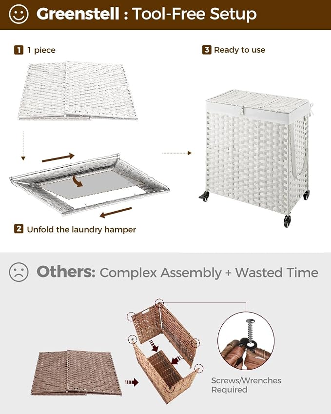 Greenstell Laundry Hamper with Wheels, No Install Needed, 110L Divided - Image 7