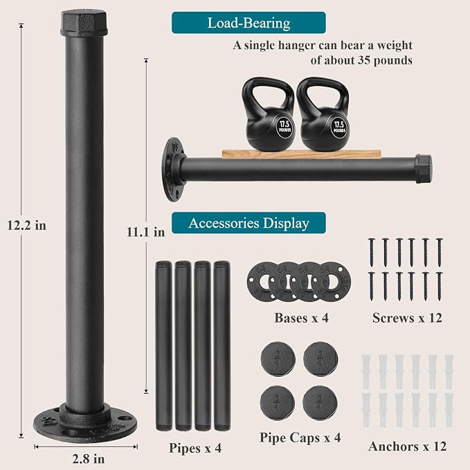Cast Iron Wall Mounted Clothes Rack, Heavy Duty Industrial Pipe Clothing Rack - Image 2