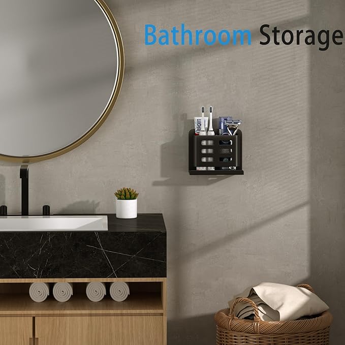 Black Wall-Mounted Toothbrush Holder, Aluminum Material Shower Shaver Storage - Image 6