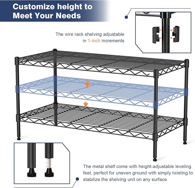 2 Tier Wire Shelf, Height Adjustable Design, 35.8"Wx17.7Dx19.6H, Lockable - Image 7