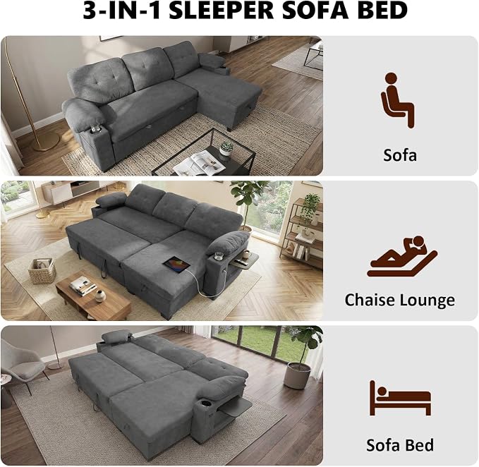 93" L Shaped Sleeper Sofa Bed, Pull Out Sectional Couch - Image 4