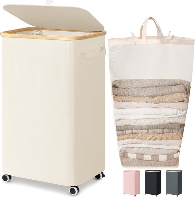 Goodpick Laundry Basket with Wheels, Large Laundry Hamper with Lid 100L Clothes by Goodpick