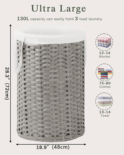 34.3 Gal Large Laundry Hamper Laundry Basket Round Handwoven Wicker Laundry - Image 5