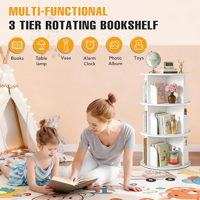 RUNSUNSPRI 3 Tier Rotating Bookshelf Tower Spinning Bookshelf Revolving - Image 7