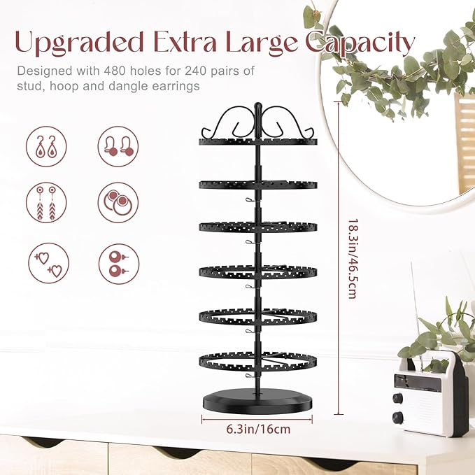 MODOWEY 6 Tier Rotating Earring Holder Organizer Stand, Adjustable Metal - Image 2