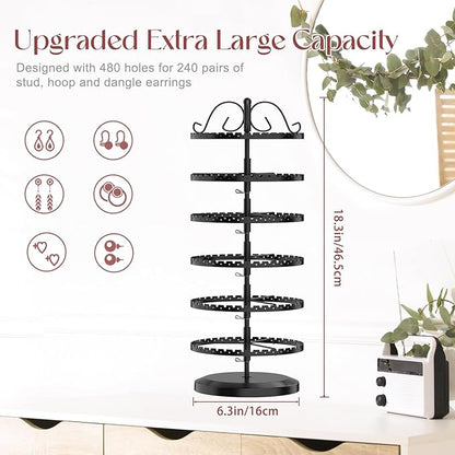 MODOWEY 6 Tier Rotating Earring Holder Organizer Stand, Adjustable Metal - Image 2