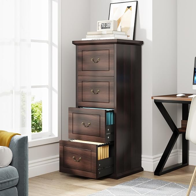 Tribesigns 4-Drawer File Filing Cabinet, Vertical Office File Cabinet, Walnut | - Image 4