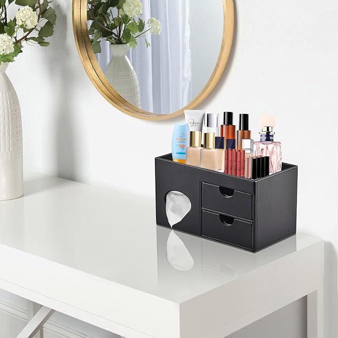 Square Tissue Box Cover with Drawers, Tissue Box Holder with Storage Tray - Image 2