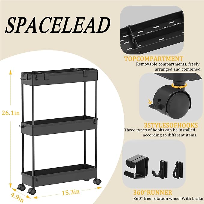 SPACELEAD Slim Storage Cart 3 Tier, Bathroom Organizer Rolling Utility - Image 3