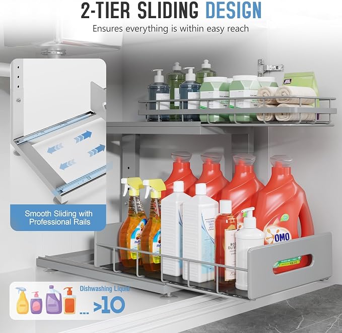 Under Sink Organizer Upgrade To Professional Rails, 2-Tier Dual Pull Out - Image 4