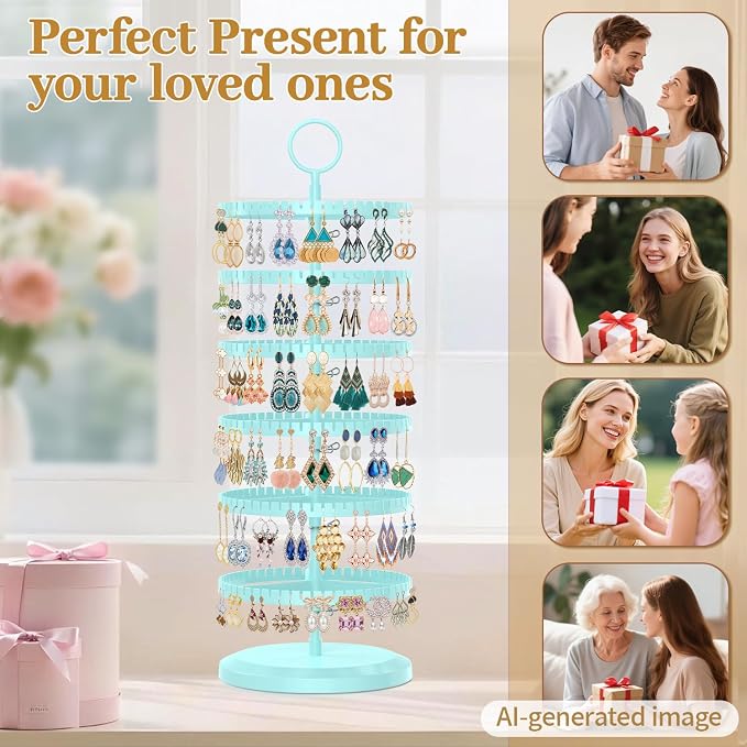 MODOWEY Rotating Earring Holder Organizer Adjustable Display, 6 Tiers Blue | - Image 6