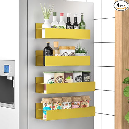 Metal Magnetic Spice Rack for Refrigerator Gold, 4 Pack | Magnetic Shelves by HuggieGems