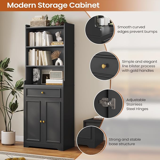 DICTAC Bookcase with Drawers and Doors 73.23'' Tall Bookshelf with Open Shelves - Image 7