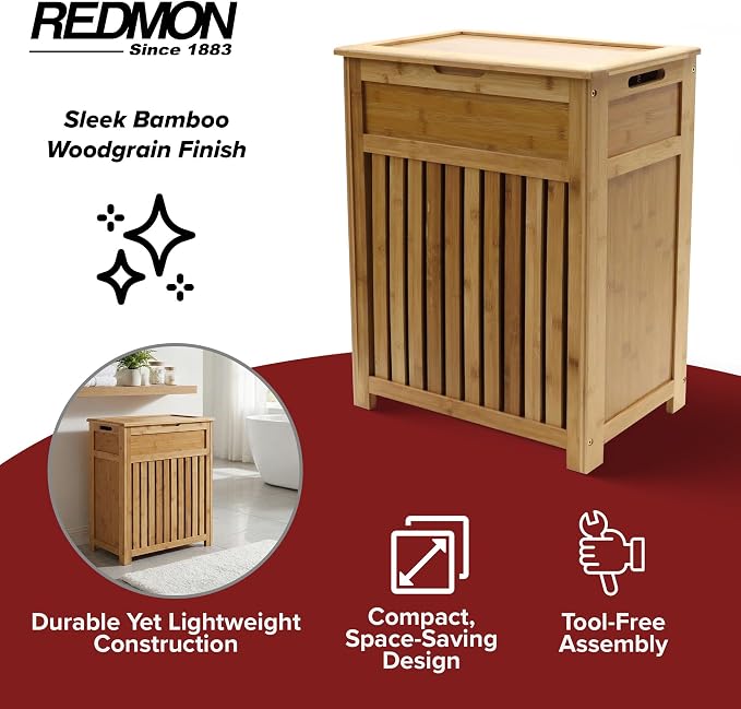 Redmon Bamboo Top Load Full Size Clothes Hamper, Side Handles, Double Hinged - Image 2