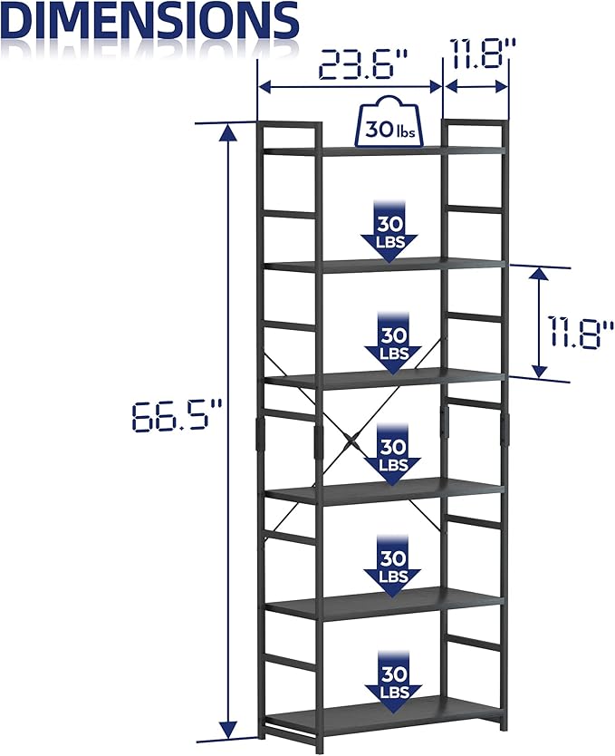 NUMENN 6 Tier Bookshelf, Tall Freestanding Open Storage Bookcase, Support Bars - Image 3