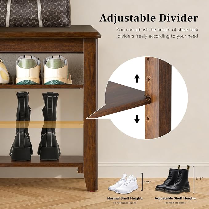 Taitiy Shoe Bench Storage Rubberwood, Entryway Bench - Image 5