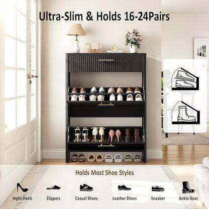 Fluted Shoe Storage Cabinet for Entryway, Narrow Wooden Shoe Cabinet - Image 3