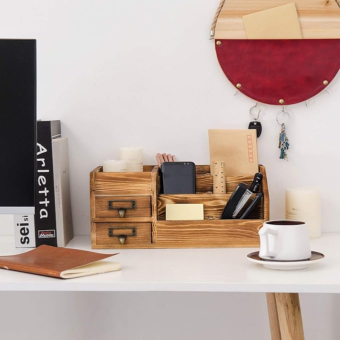 Liry Products Rustic Wooden Desktop Organizer Office Supplies Brown Tabletop - Image 5