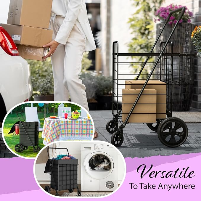 Shopping Cart w/Waterproof Basket Liner & 360° Swivel Wheels | Foldable - Image 5