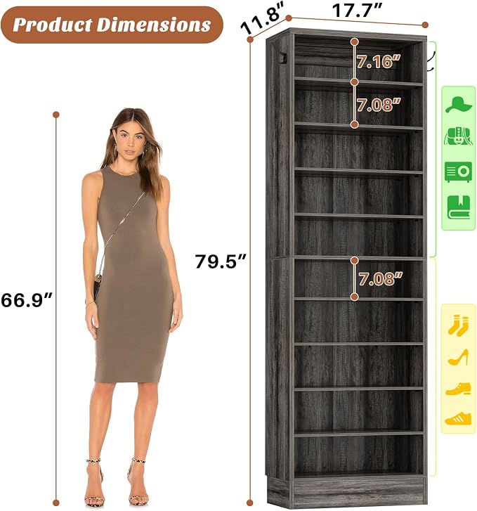 Aheaplus Narrow Shoe Cabinet, 10 Tiers Tall Wood Shoe Rack, Shoe Storage - Image 2