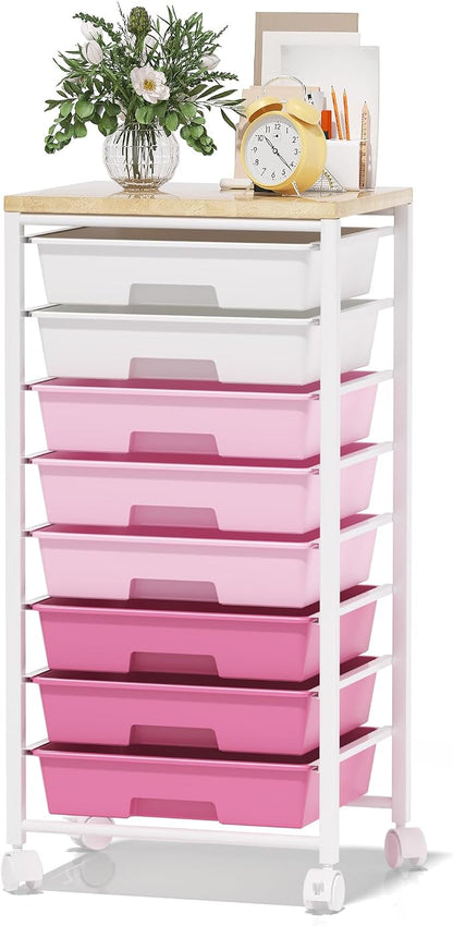 Rolling Cart with 8 Drawers, Storage Drawers Cart with Wooden Tabletop and - Image 9