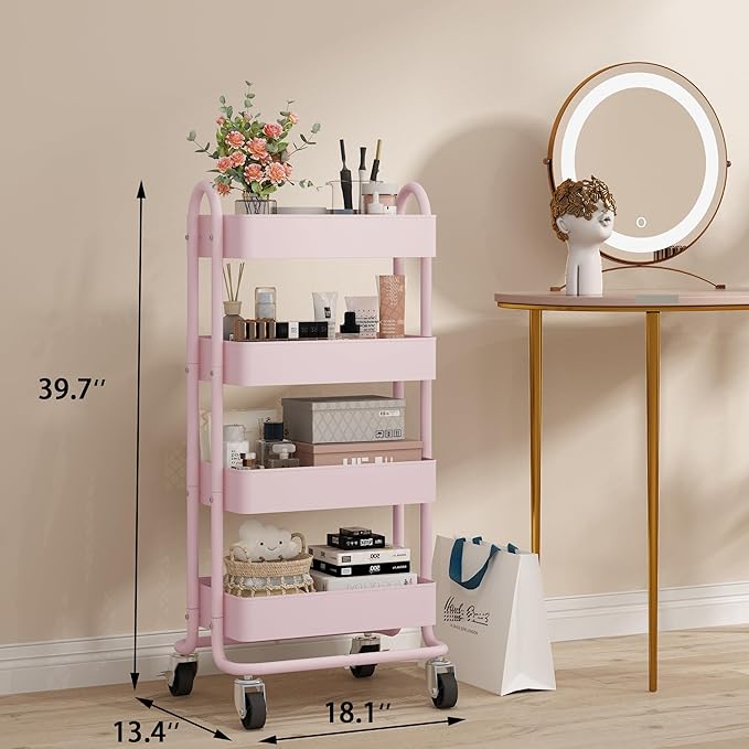4 Tier Metal Rolling Cart Pink Utility Cart - Image 3