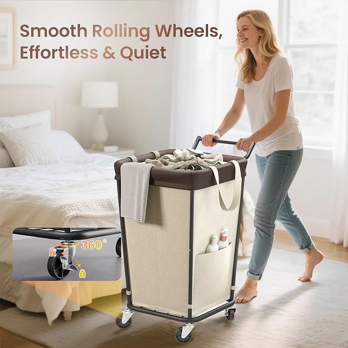 160L Laundry Hamper with Wheels and Handle, 2-Section Rolling Hamper - Image 3