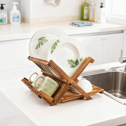 Utoplike 3 Tier Collapsible Teak Wood Dish Drying Rack, Foldable Large Capacity - Image 6