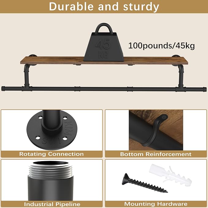 Wooden, Space Saver Wall Mounted Garment Rack, Heavy Duty Iron Industrial Pipe - Image 4