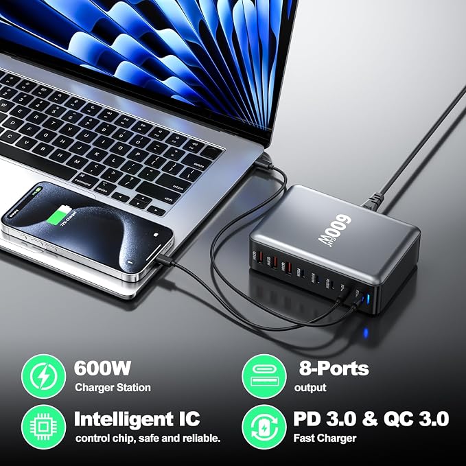600W USB Charging Station, 8-in-1 Multiple USB C Charger Block, Dual PD 140W - Image 6