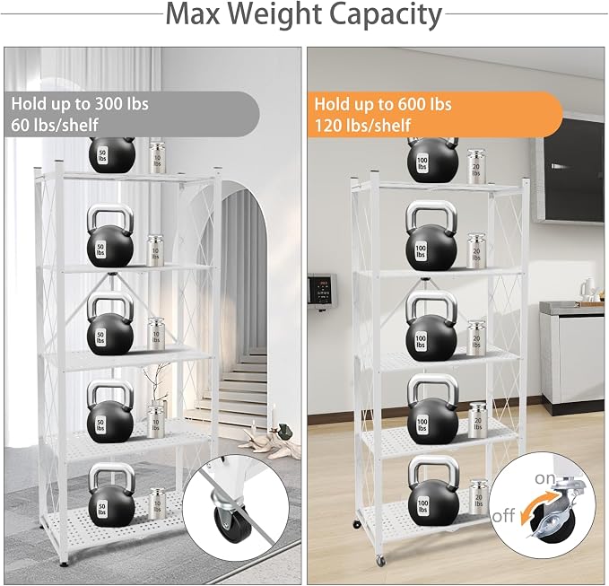 5 Tier Folding Shelf with Wheels, Metal Steel Collapsible Shelves, No Assembly - Image 5