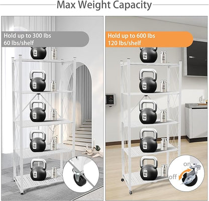 5 Tier Folding Shelf with Wheels, Metal Steel Collapsible Shelves, No Assembly - Image 5