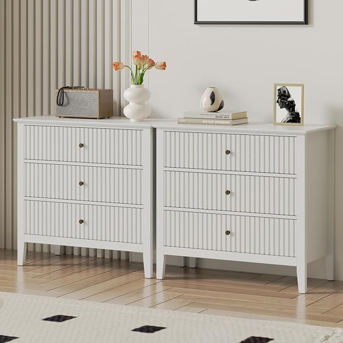 RoyalCraft Large 3 Drawer Dresser Set of 2, Fluted Wood Chest of Drawers by Bringyoubetterlife