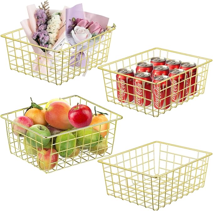 4 Pack Gold Wire Baskets for Organizing Office Wire Storage Basket Gold Metal by LOSYHU