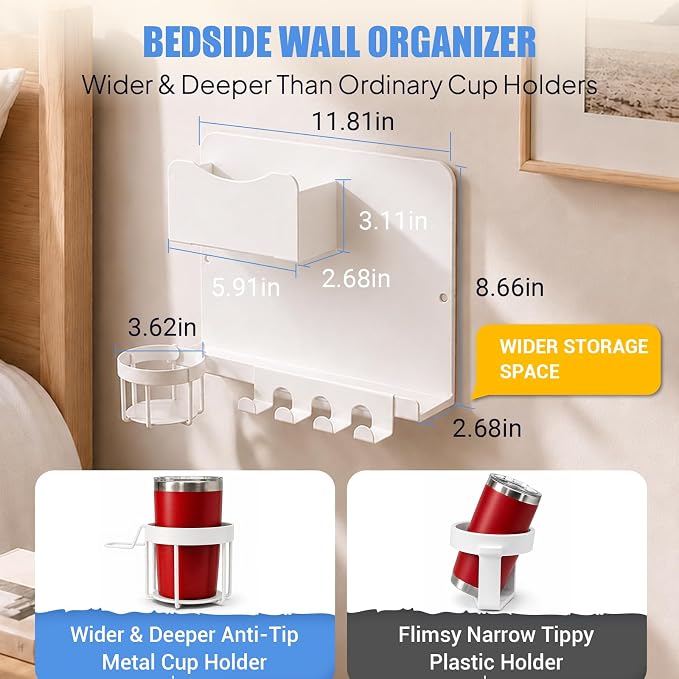 Metal Bedside Wall Shelf, No Drill Floating Bedside Shelf Wall Organizer | - Image 2